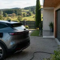 Professionnel en zone rurale rechargeant sa voiture électrique