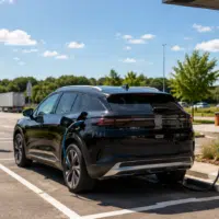 Voiture électrique en recharge sur une borne rapide d'autoroute