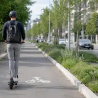 Utilisateur de trottinette électrique circulant sur une piste cyclable en ville
